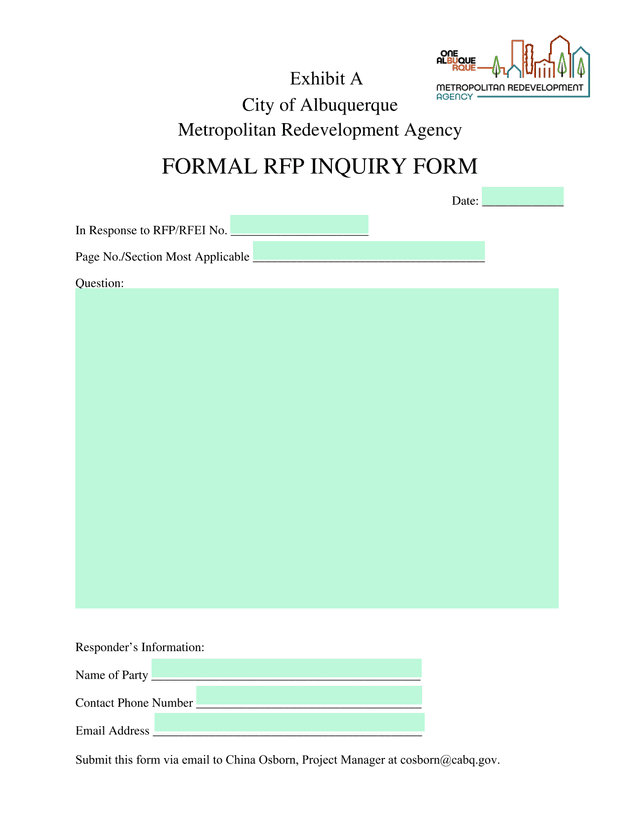 Metropolitan Redevelopment Agency Formal RFP Inquiry Form screenshot