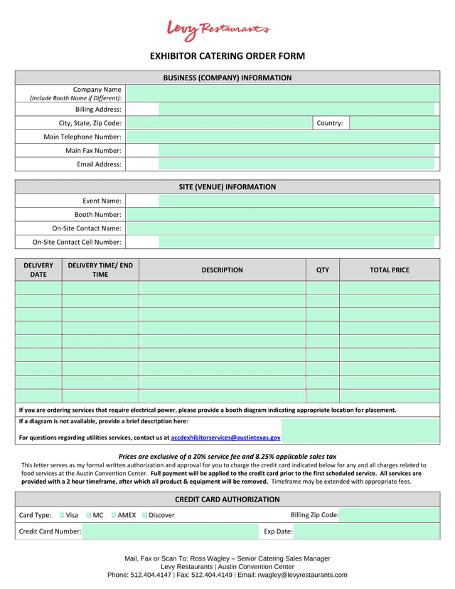 EXHIBITOR CATERING ORDER FORM screenshot