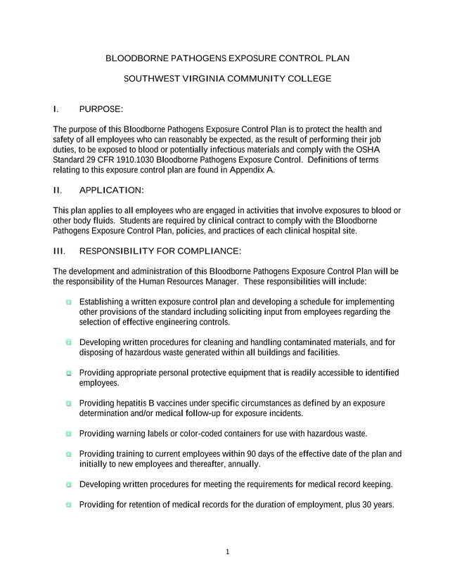 Bloodborne Pathogens Exposure Control Plan screenshot