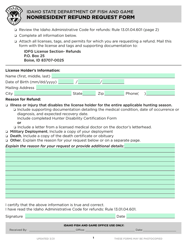 NONRESIDENT REFUND REQUEST FORM screenshot