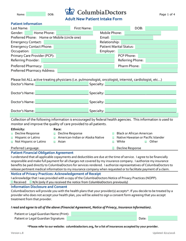 Adult New Patient Intake Form screenshot