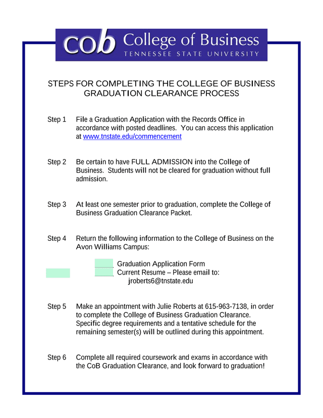 STEPS FOR COMPLETING THE COLLEGE OF BUSINESS GRADUATION CLEARANCE PROCESS screenshot