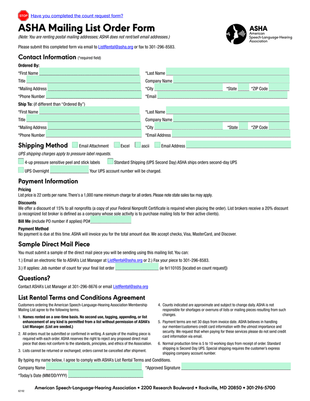ASHA Mailing List Order Form screenshot