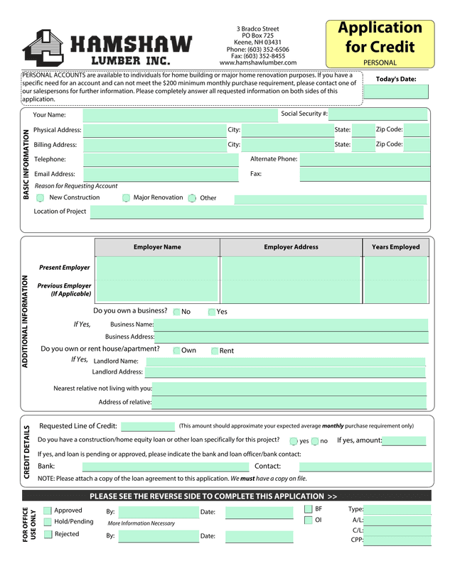 Application For Credit   Personal Accounts screenshot
