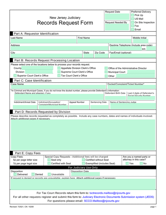 New Jersey Judiciary Records Request Form screenshot