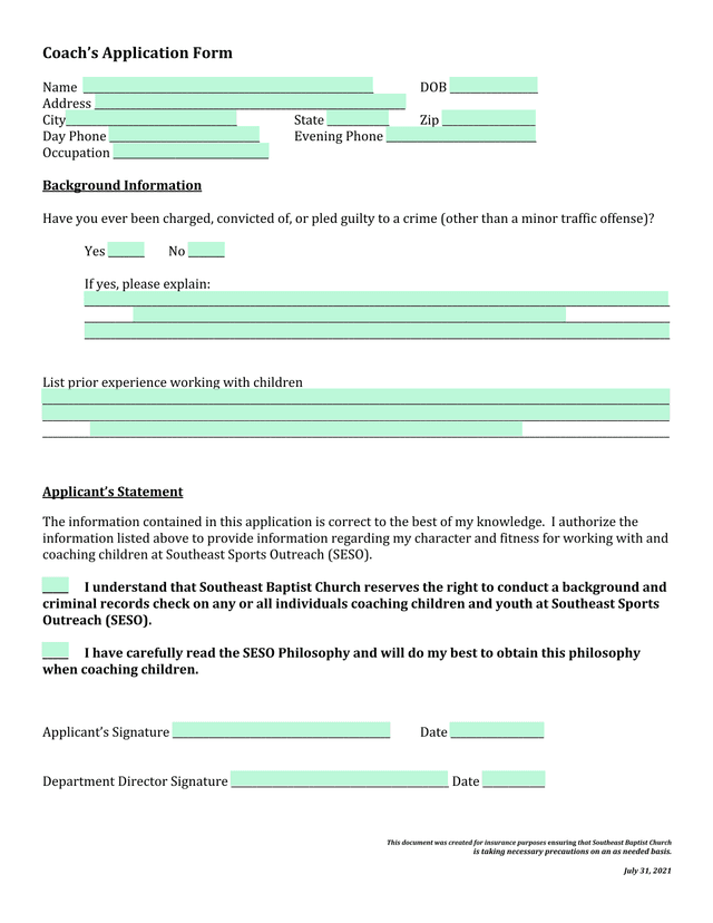 CoachS Application Form screenshot