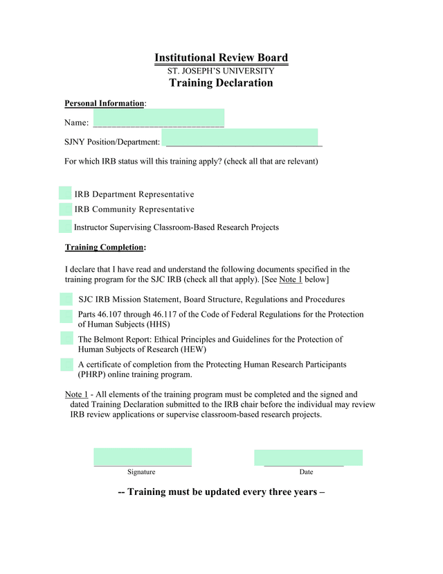 Institutional Review Board Training Declaration screenshot