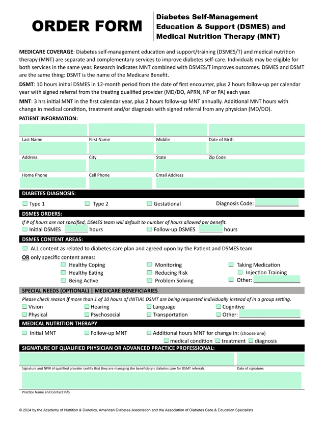 Order Form Diabetes Self Management Education  Support (DSMES) And Medical Nutrition Therapy (MNT) screenshot