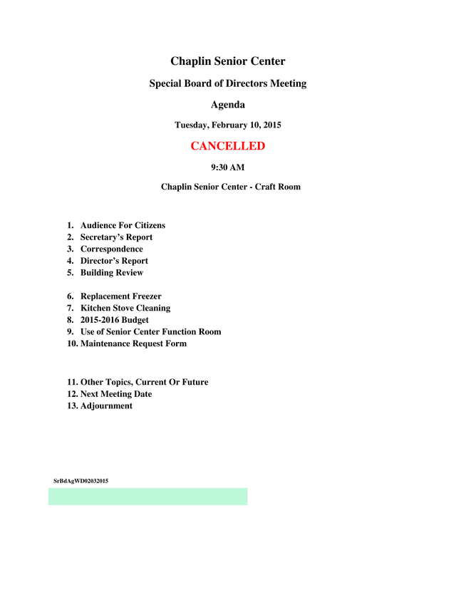 Chaplin Senior Center Special Board Of Directors Meeting Agenda screenshot
