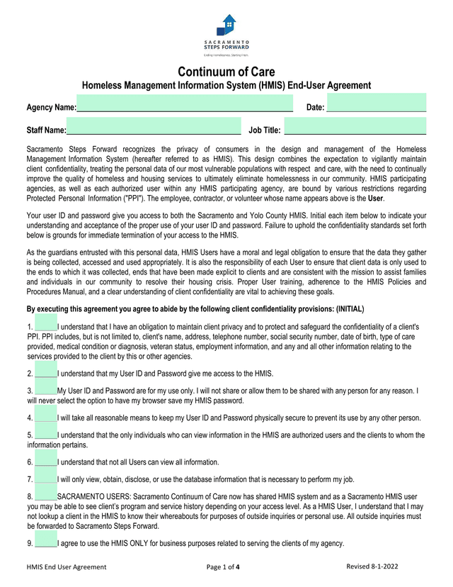 HMIS End User Agreement screenshot