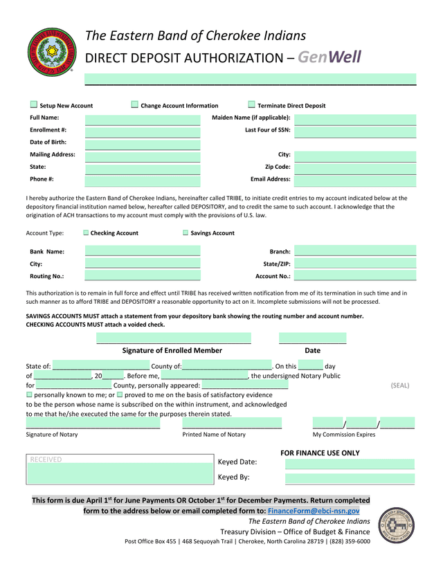 Direct Deposit Authorization  GenWell screenshot