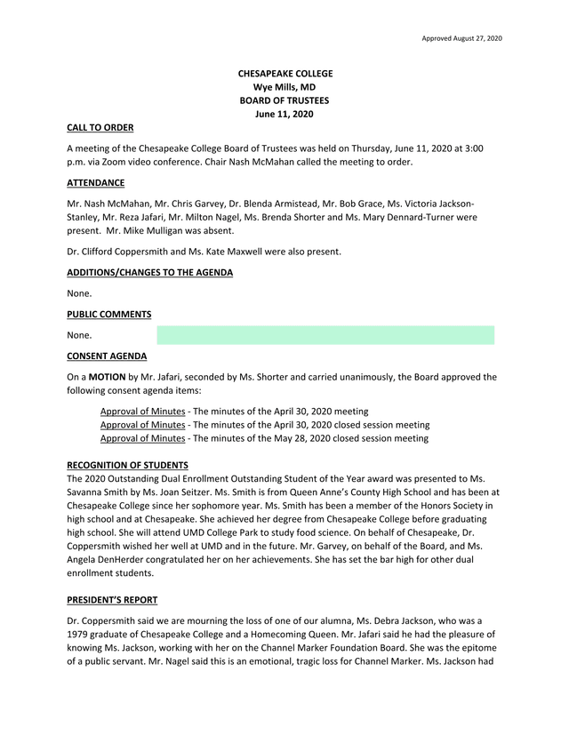 Chesapeake College Board Of Trustees Meeting Minutes screenshot