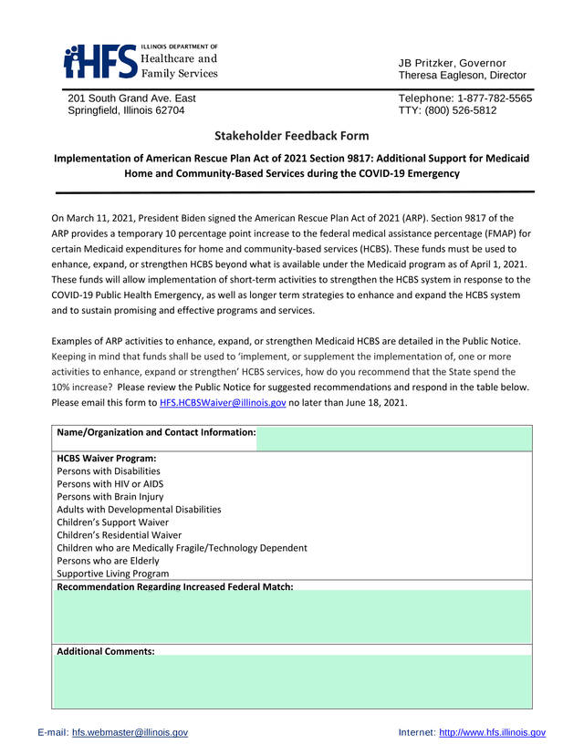 Stakeholder Feedback Form Implementation Of American Rescue Plan Act Of 2021 Section 9817 screenshot