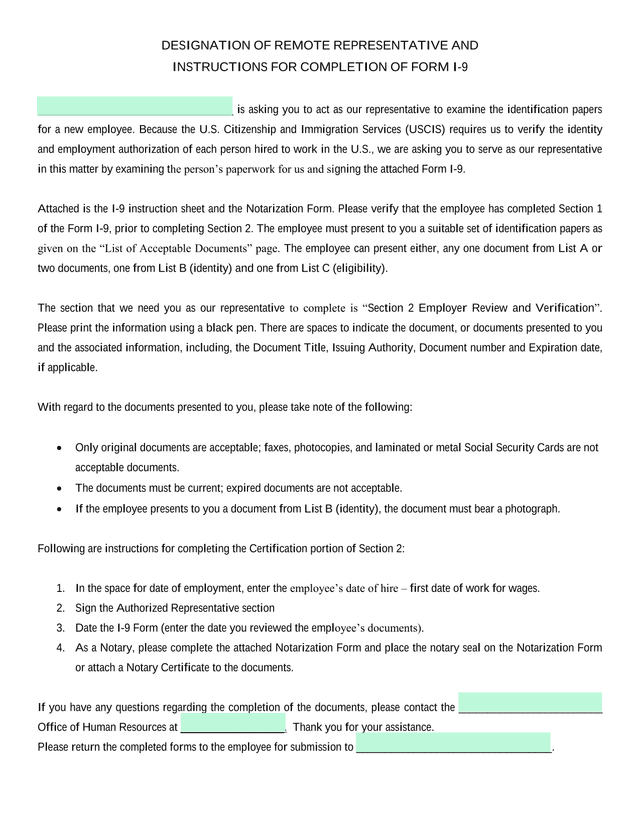 Designation Of Remote Representative And Instructions For Completion Of Form I 9 screenshot