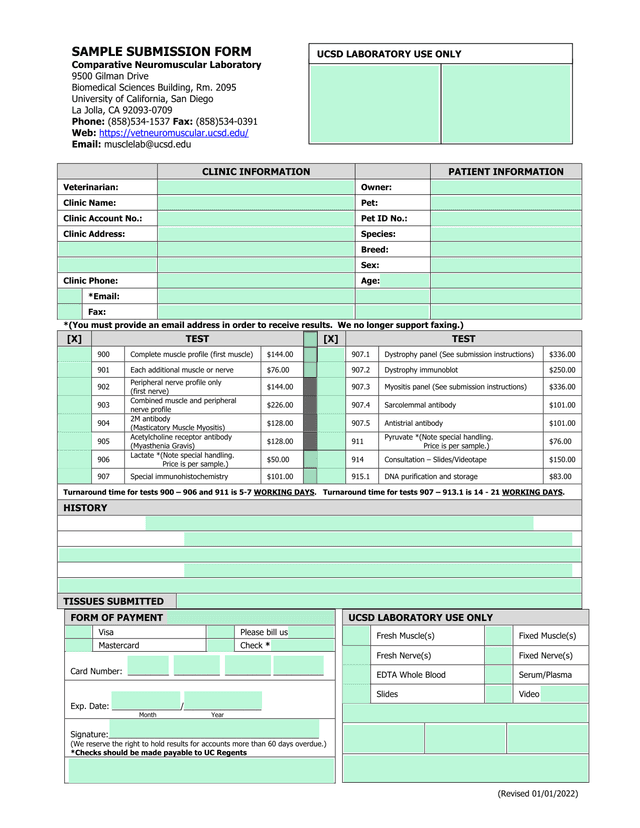 Veterinary Muscle And Nerve Test Request Form screenshot