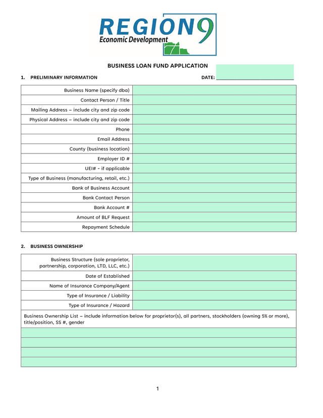 BUSINESS LOAN FUND APPLICATION screenshot