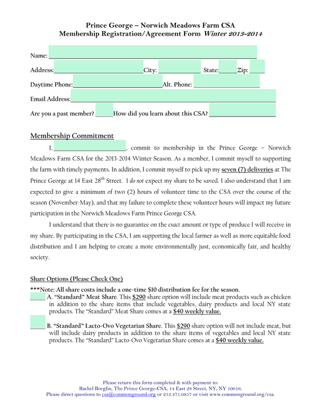 Prince George  Norwich Meadows Farm CSA Membership RegistrationAgreement Form screenshot
