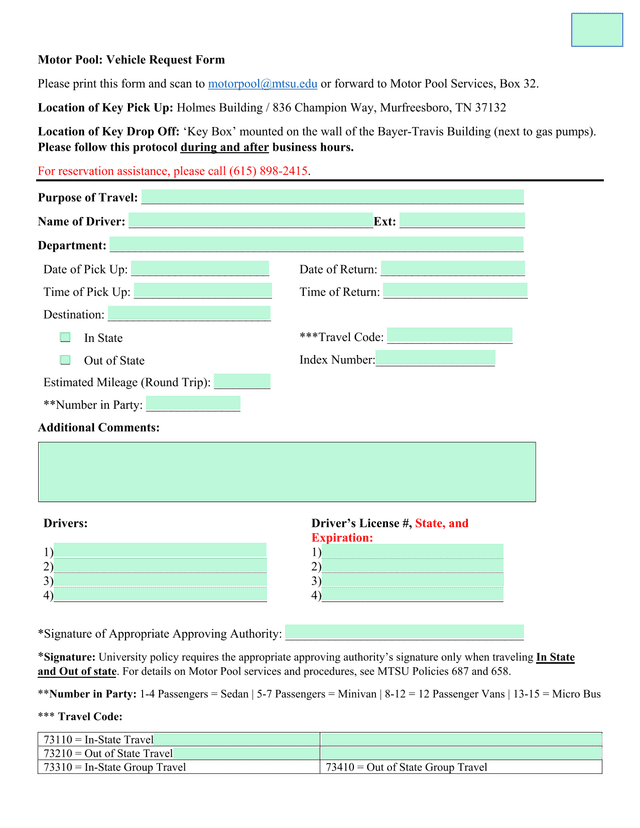Motor Pool Vehicle Request Form screenshot