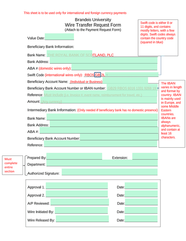 Wire Transfer Request Form screenshot