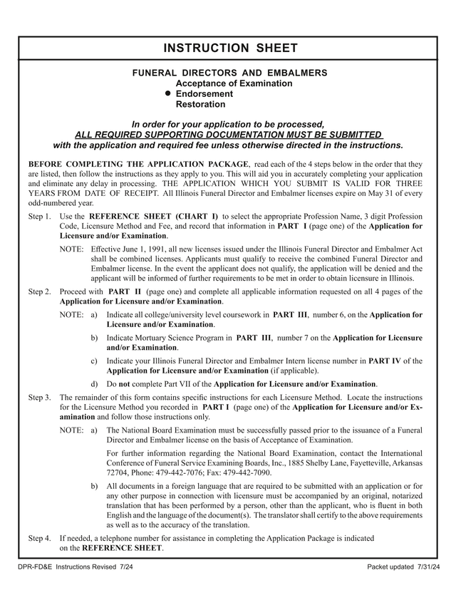 Illinois Funeral Director And Embalmer Licensure Application Instruction Sheet screenshot