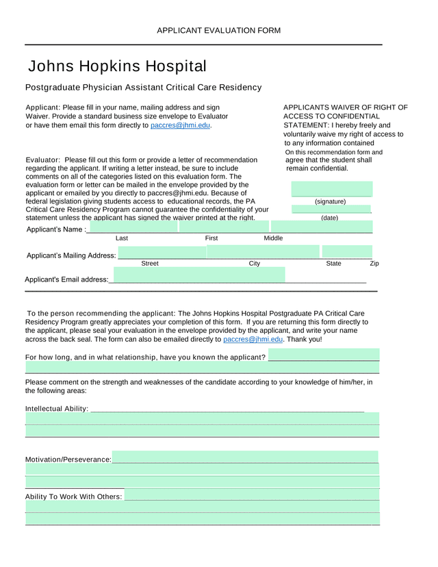 Applicant Evaluation Form screenshot