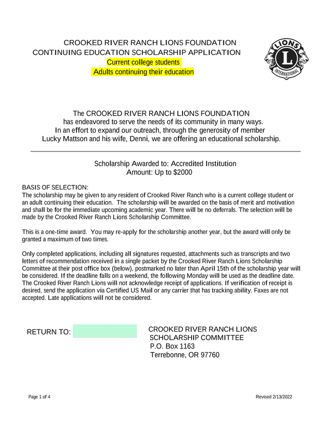 Continuing Education Scholarship Application screenshot