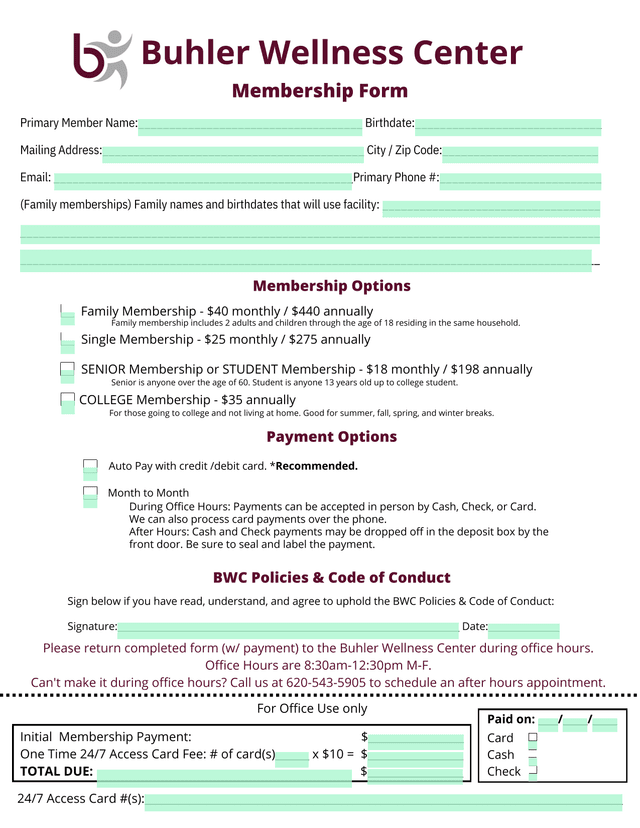 Buhler Wellness Center Membership Form screenshot