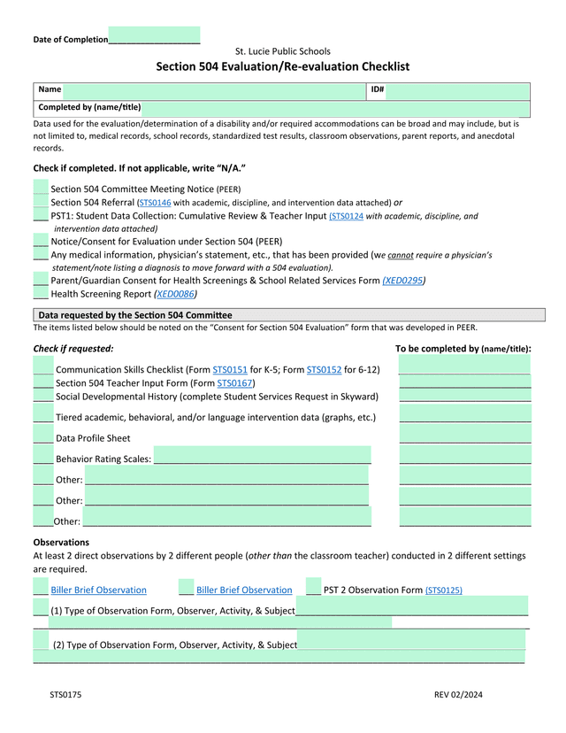 Section 504 EvaluationRe Evaluation Checklist screenshot