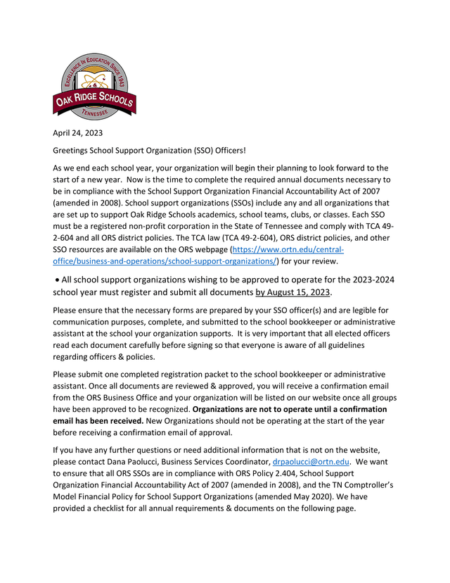 School Support Organization Annual Registration Packet screenshot