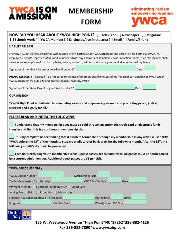 YWCA High Point Membership Form screenshot