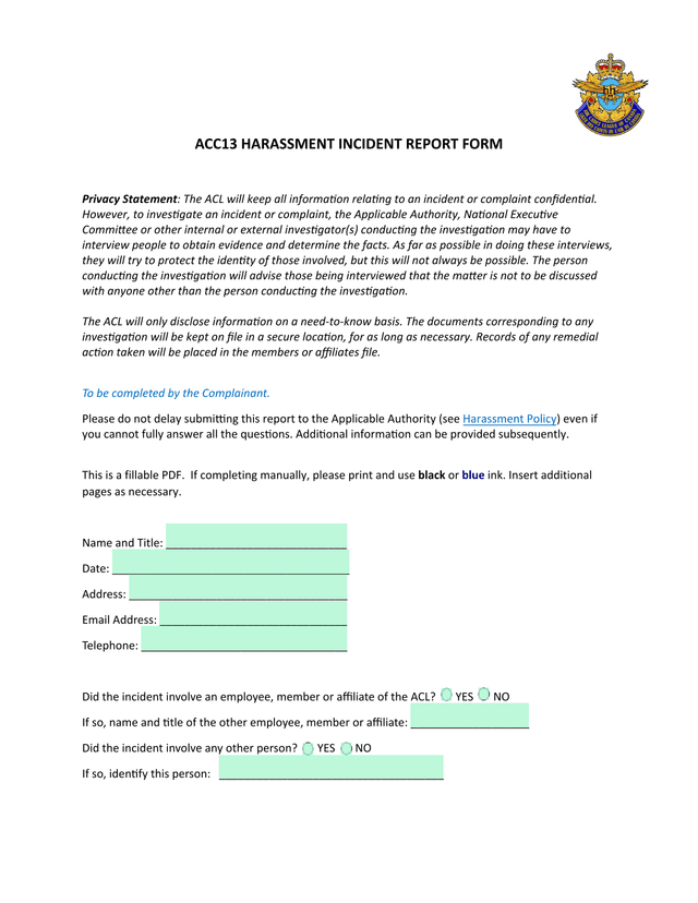 ACC13 Harassment Incident Report Form screenshot
