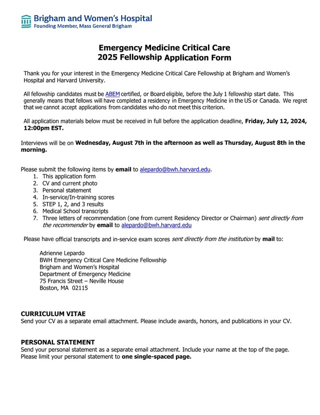 Emergency Medicine Critical Care 2025 Fellowship Application Form screenshot
