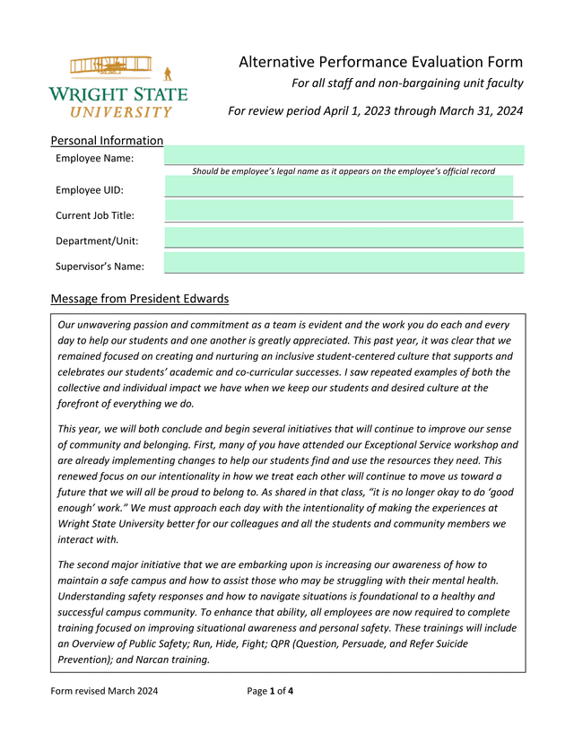Alternative Performance Evaluation Form screenshot