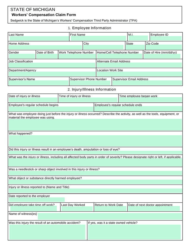State Of Michigan Workers Compensation Claim Form screenshot
