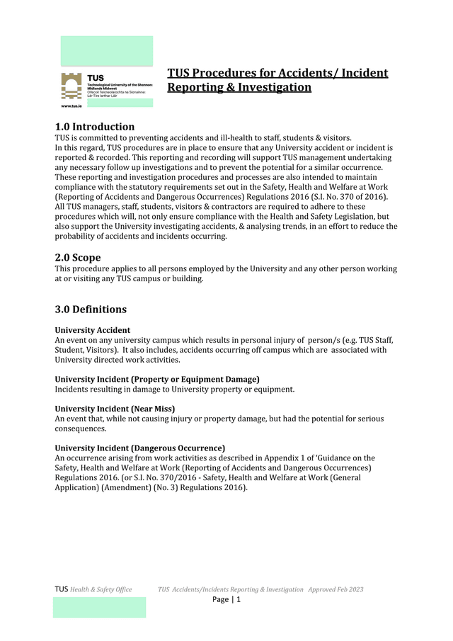 TUS Procedures For Accidents Incident Reporting  Investigation screenshot