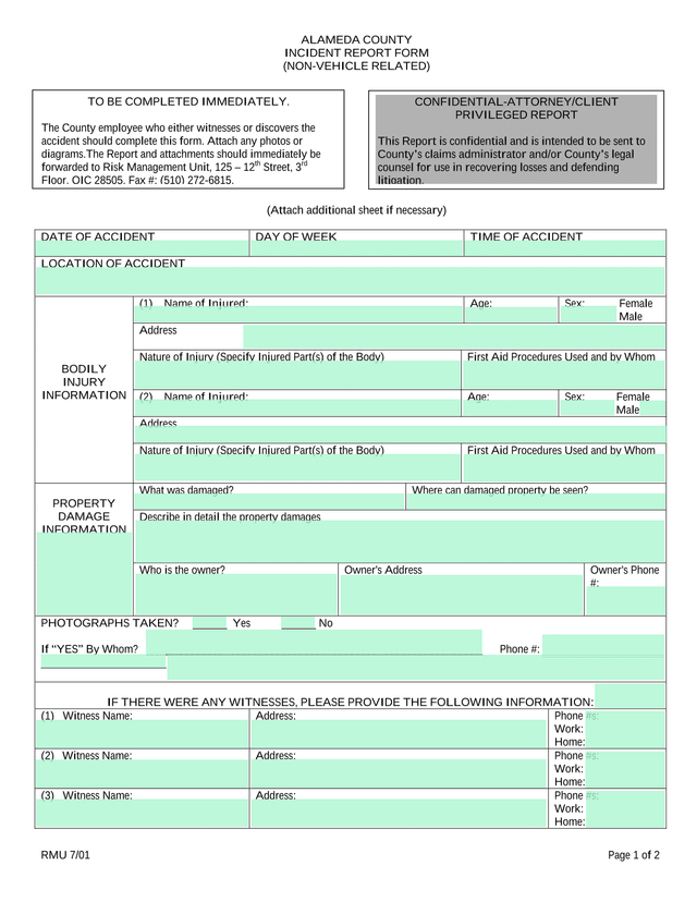 Alameda County Incident Report Form (Non Vehicle Related) screenshot