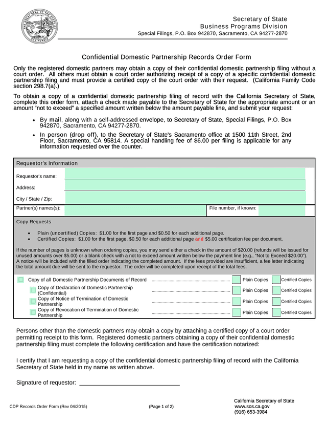 Confidential Domestic Partnership Records Order Form screenshot