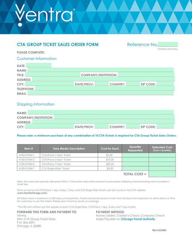 CTA Group Ticket Sales Order Form screenshot