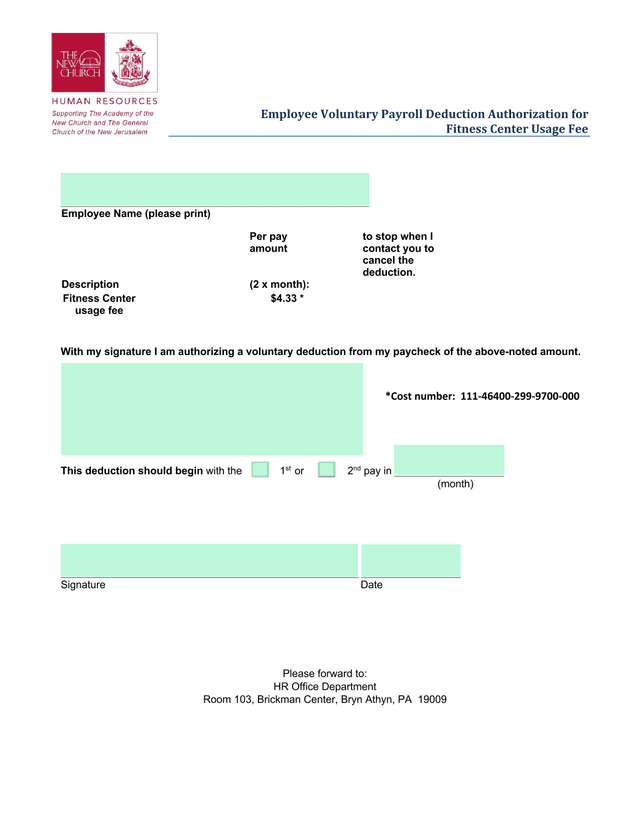 Employee Voluntary Payroll Deduction Authorization For Fitness Center Usage Fee screenshot