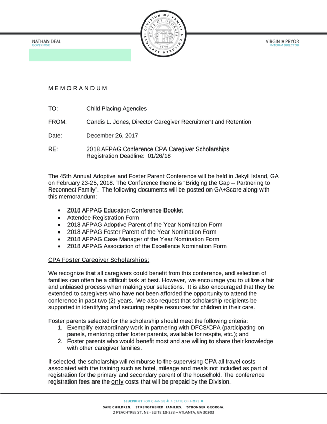 2018 AFPAG Conference CPA Caregiver Scholarships Memorandum screenshot