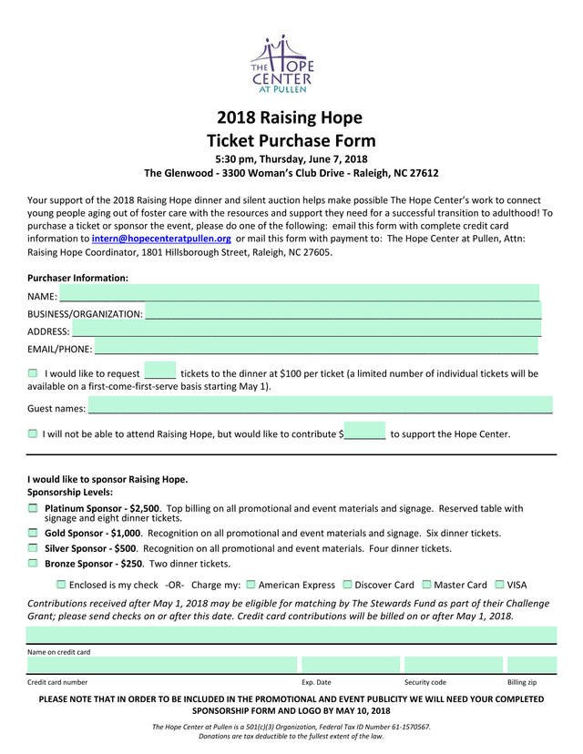 2018 Raising Hope Ticket Purchase Form screenshot