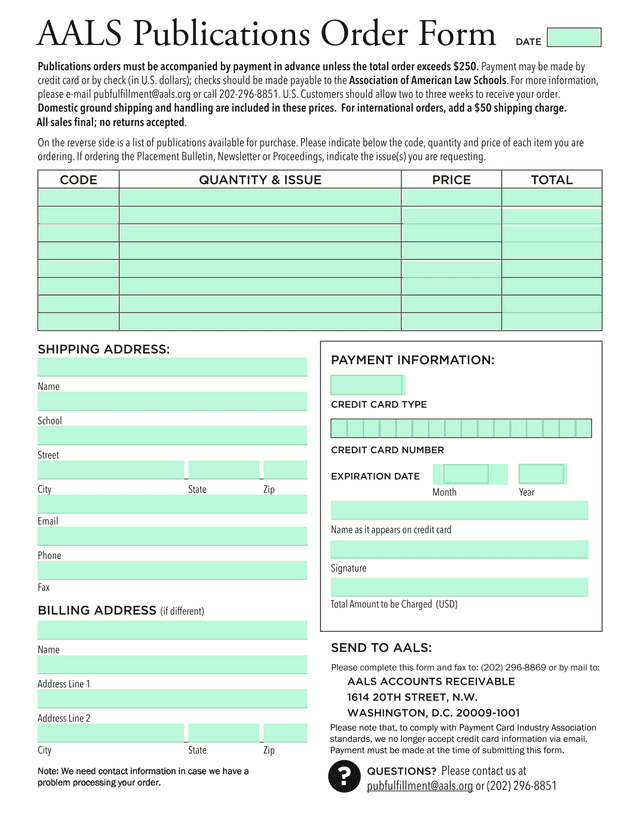 AALS Publications Order Form screenshot