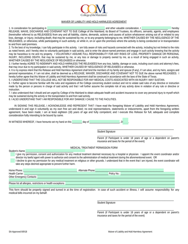 Waiver Of Liability And Hold Harmless Agreement screenshot