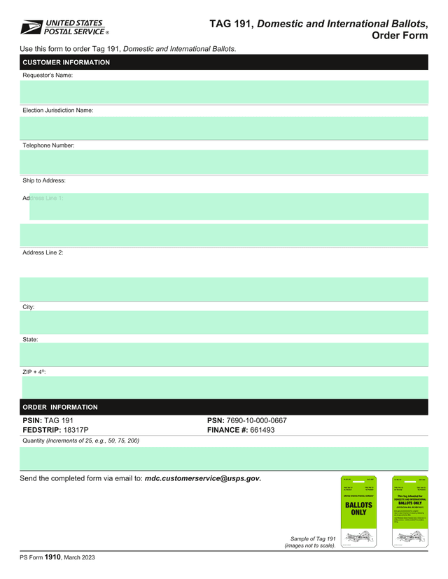 TAG 191, Domestic And International Ballots, Order Form screenshot