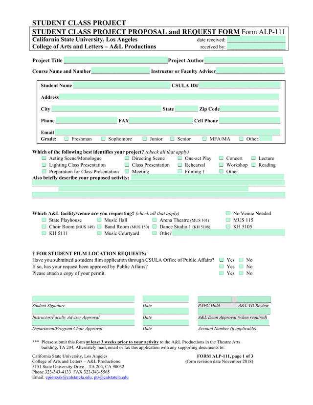 STUDENT CLASS PROJECT PROPOSAL And REQUEST FORM Form ALP 111 screenshot