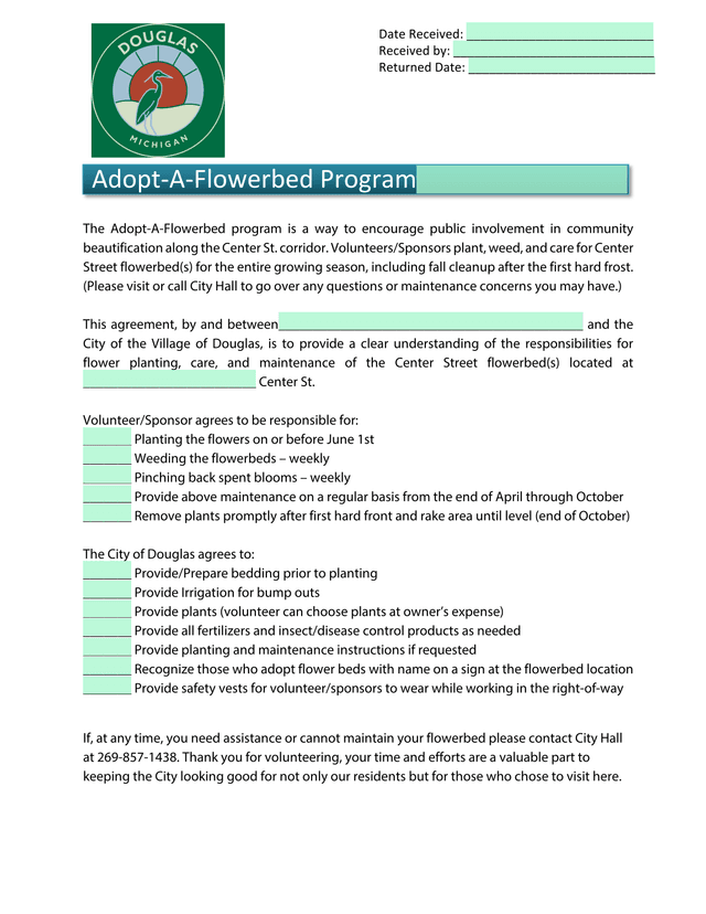 Adopt A Flowerbed Program Agreement screenshot