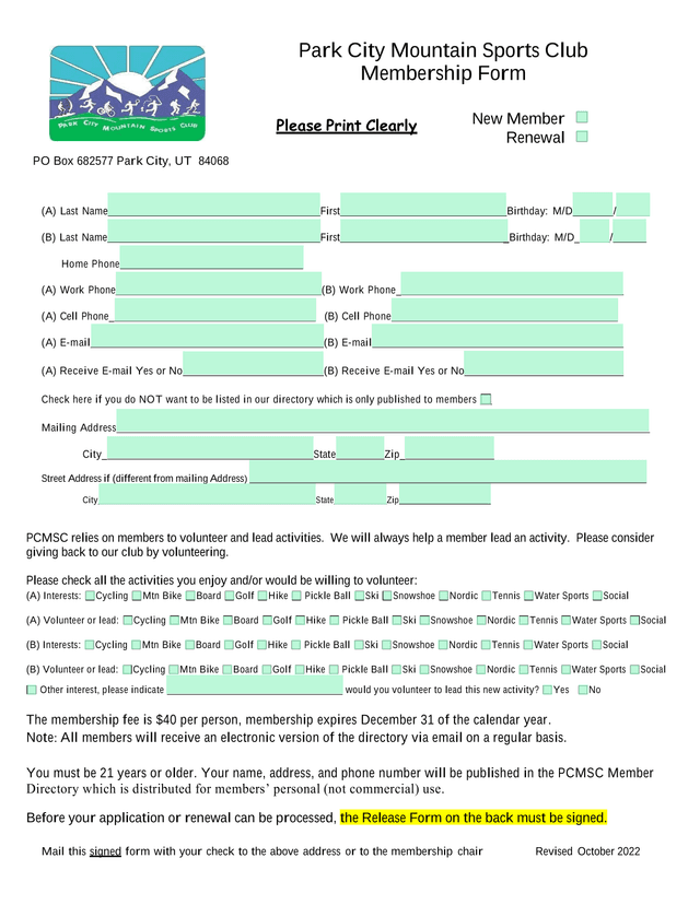 Park City Mountain Sports Club Membership Form screenshot