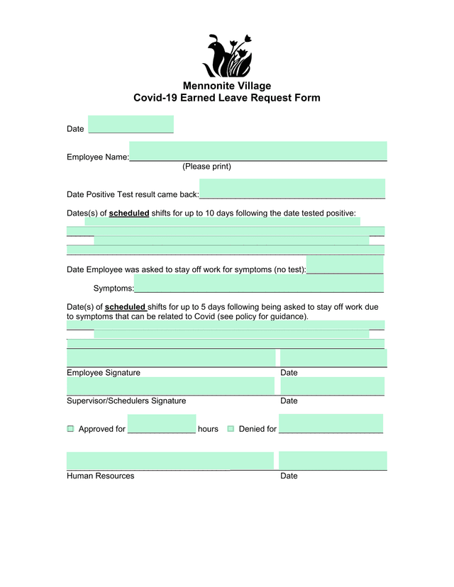 Mennonite Village Covid 19 Earned Leave Request Form screenshot