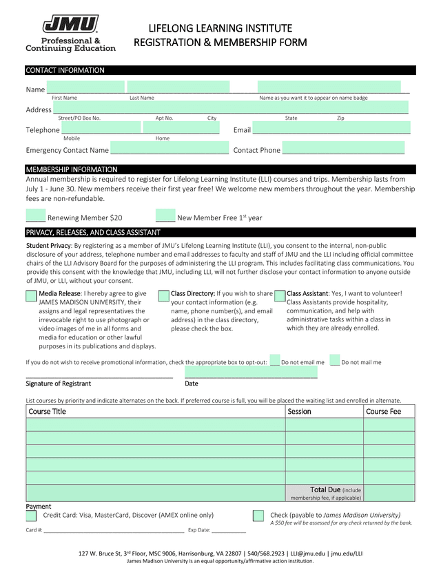 Lifelong Learning Institute Registration  Membership Form screenshot