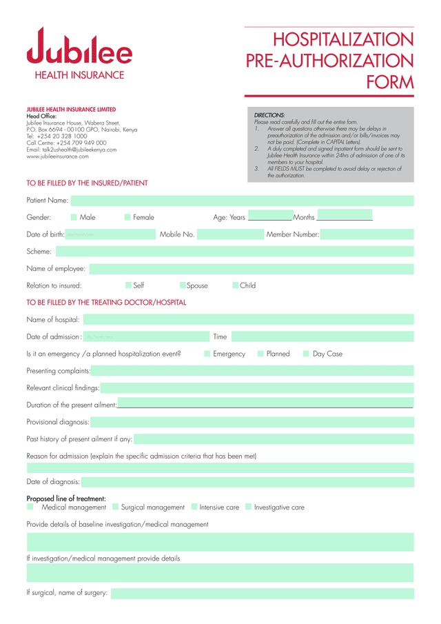 Hospitalization Pre Authorization Form screenshot